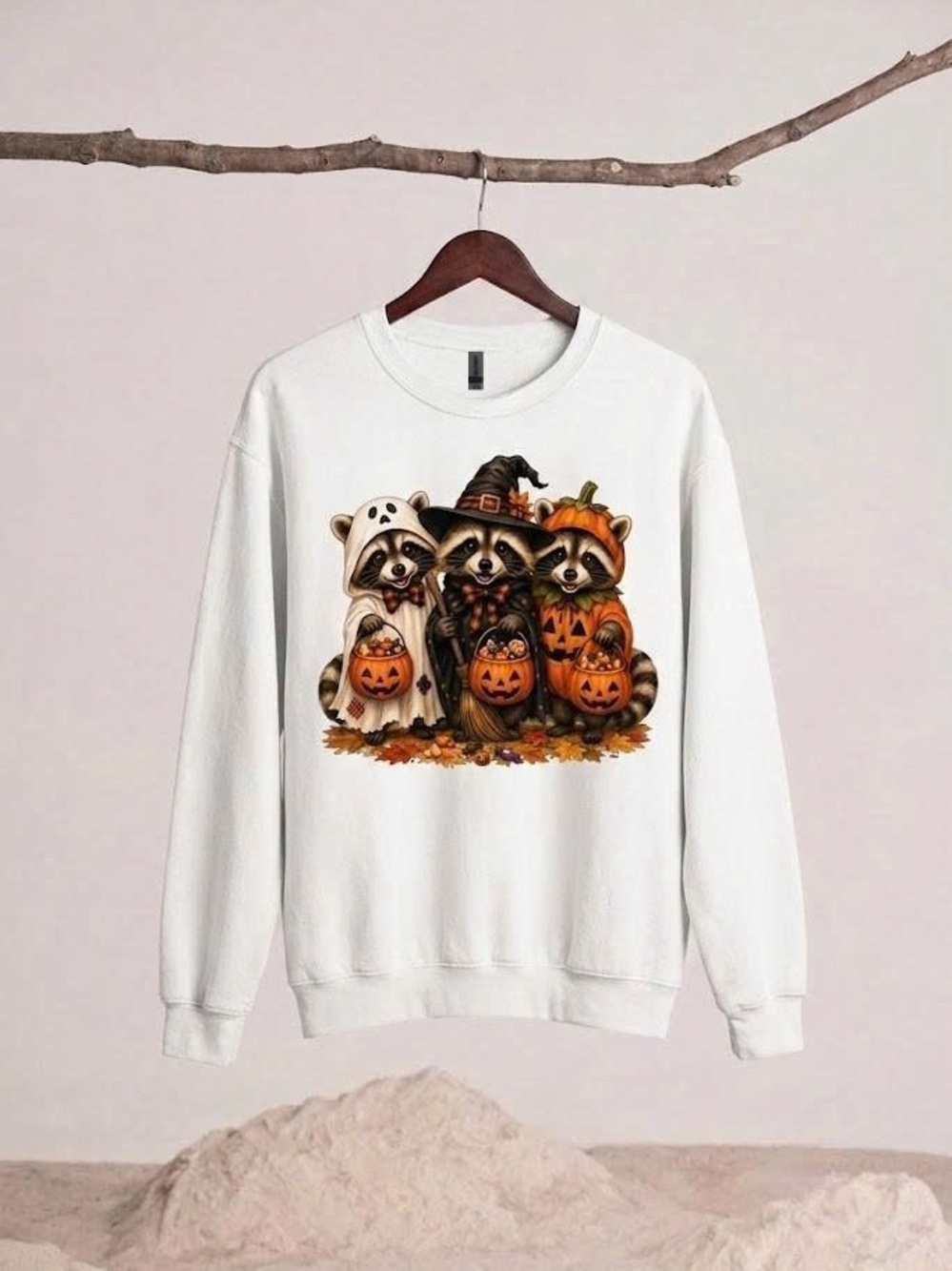 Halloween Raccoon Trio Graphic Sweatshirt Gildan - White
